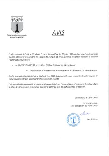 Avis: exploitation d'une structure d'hébergement à Schimpach
