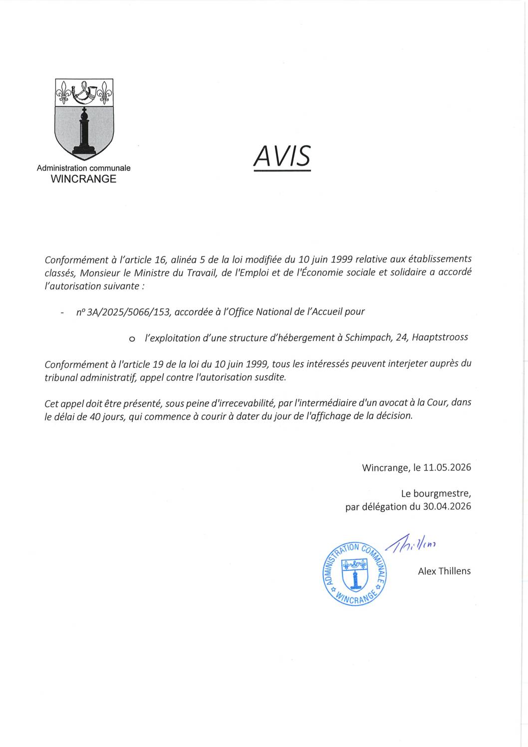 Avis: exploitation d’une structure d’hébergement à Schimpach