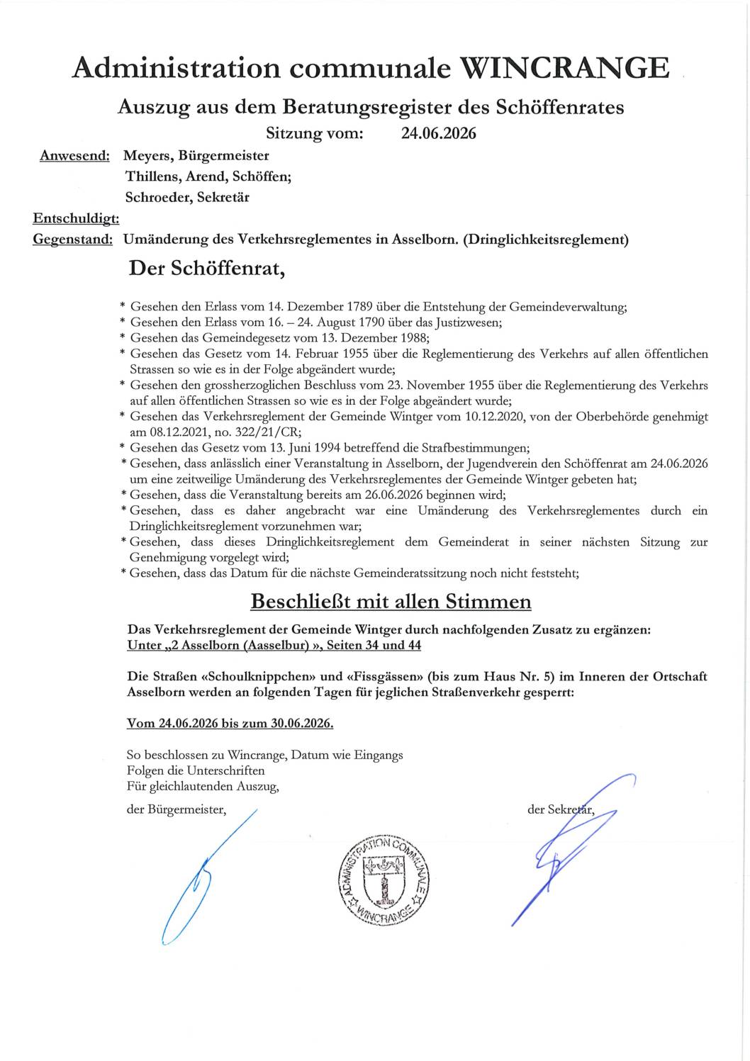 Règlement de circulation: les rues “Schoulknippchen” et “Fissgässen” à Asselborn barrées à la circulation du 24 au 30 juin 2026
