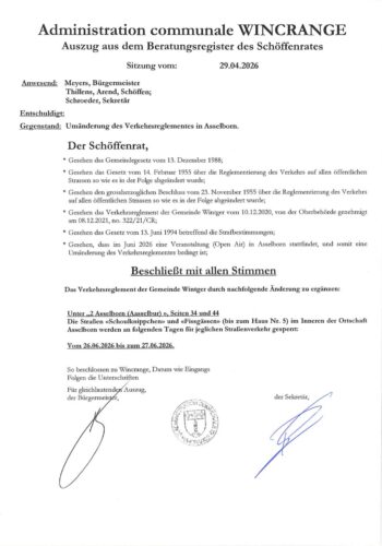 Règlement de circulation: les rues "Schoulknippchen" et "Fissgässen" à Asselborn barrées à la circulation, les 26 et 27 juin 2026