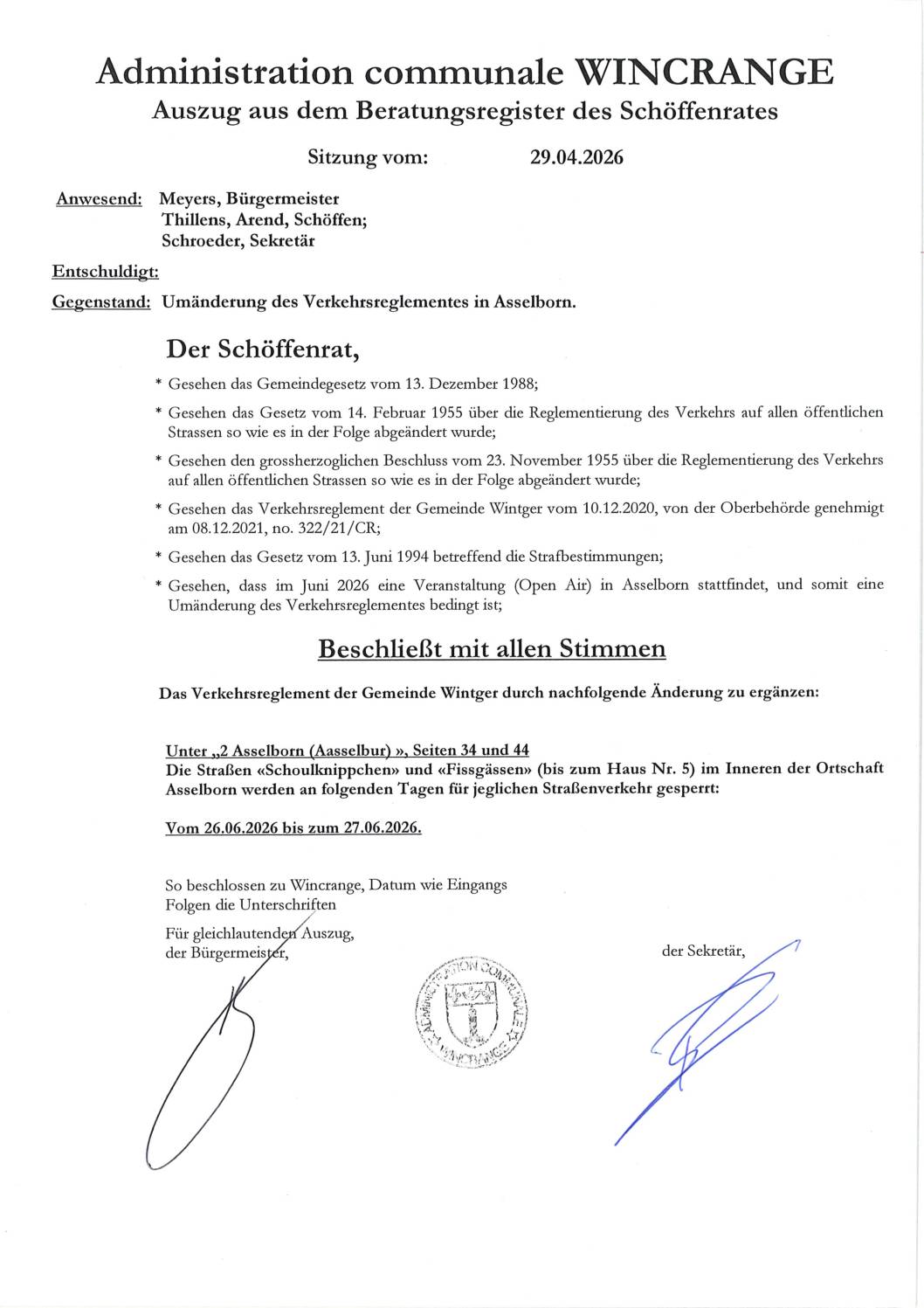 Règlement de circulation: les rues “Schoulknippchen” et “Fissgässen” à Asselborn barrées à la circulation, les 26 et 27 juin 2026