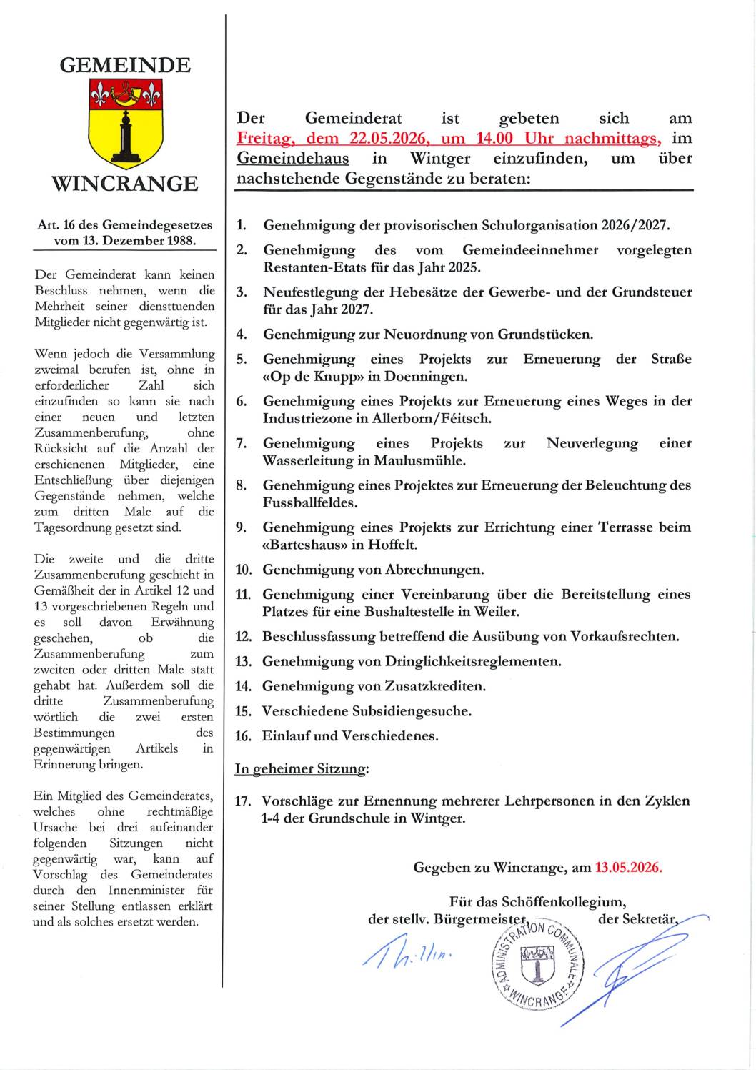 Conseil communal: convocation à la réunion du 22 mai 2026