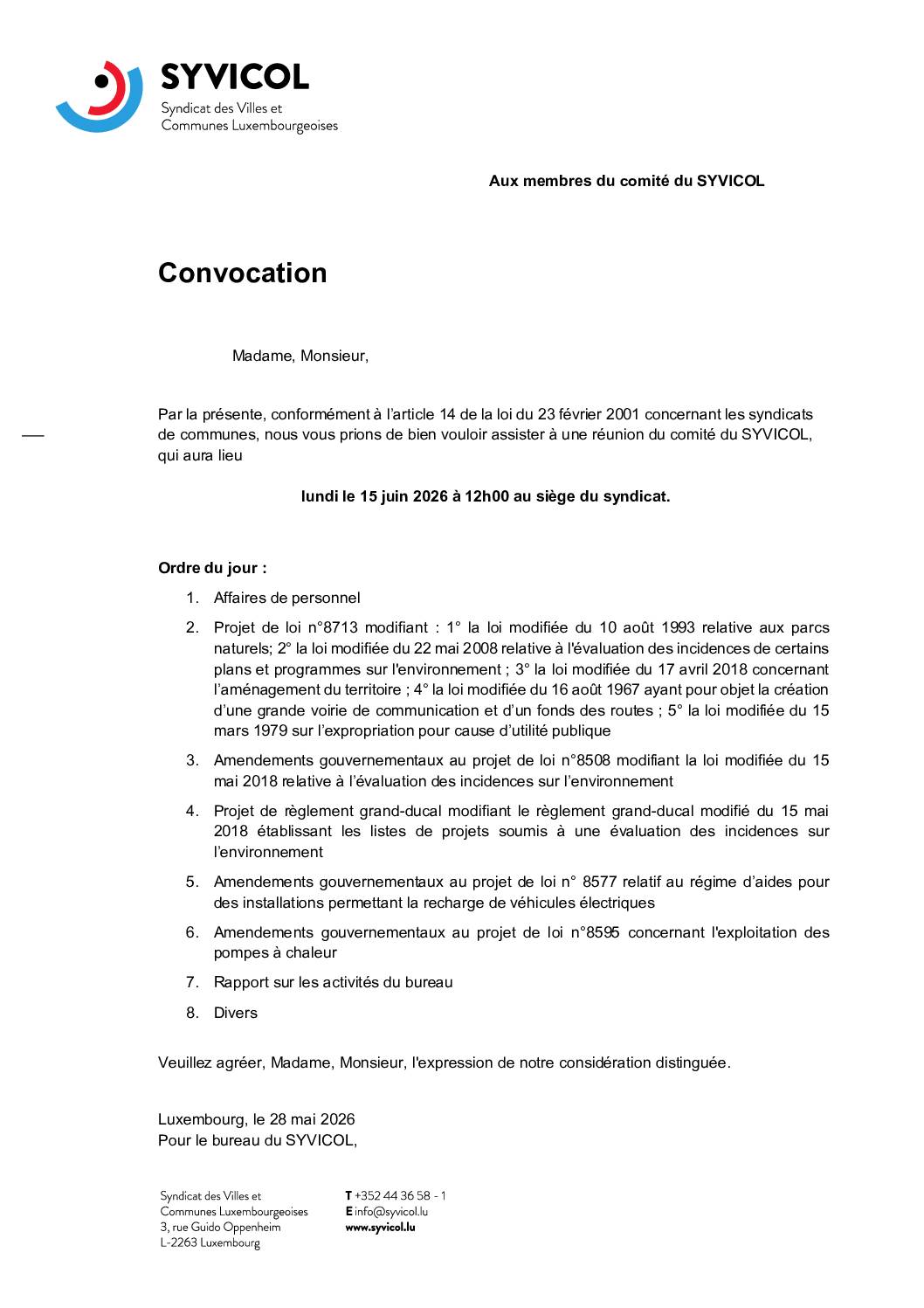 SYVICOL: convocation à la réunion du comité