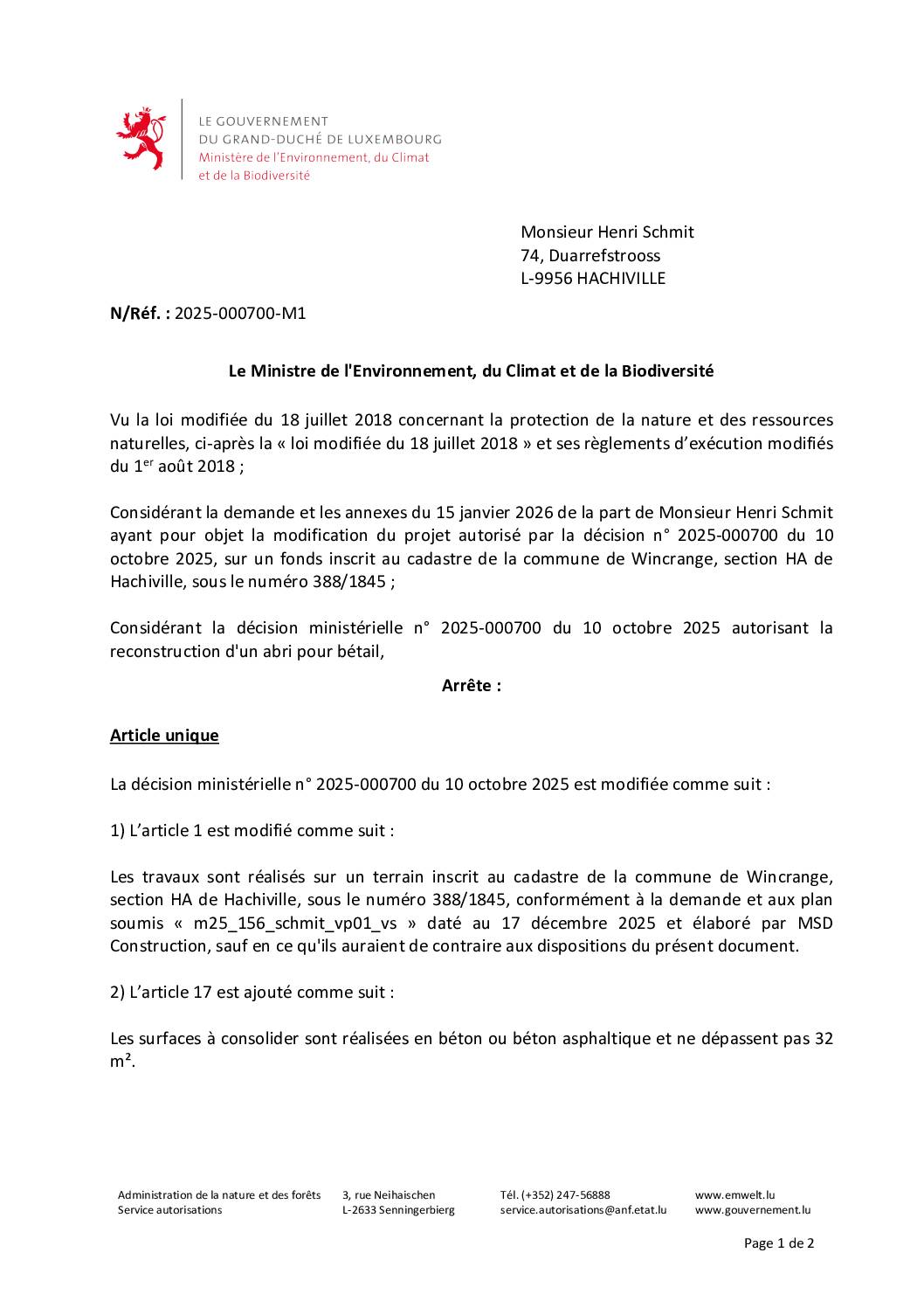 Autorisation: modification du projet autorisé par la décision n° 2025-000700 du 10 octobre 2025