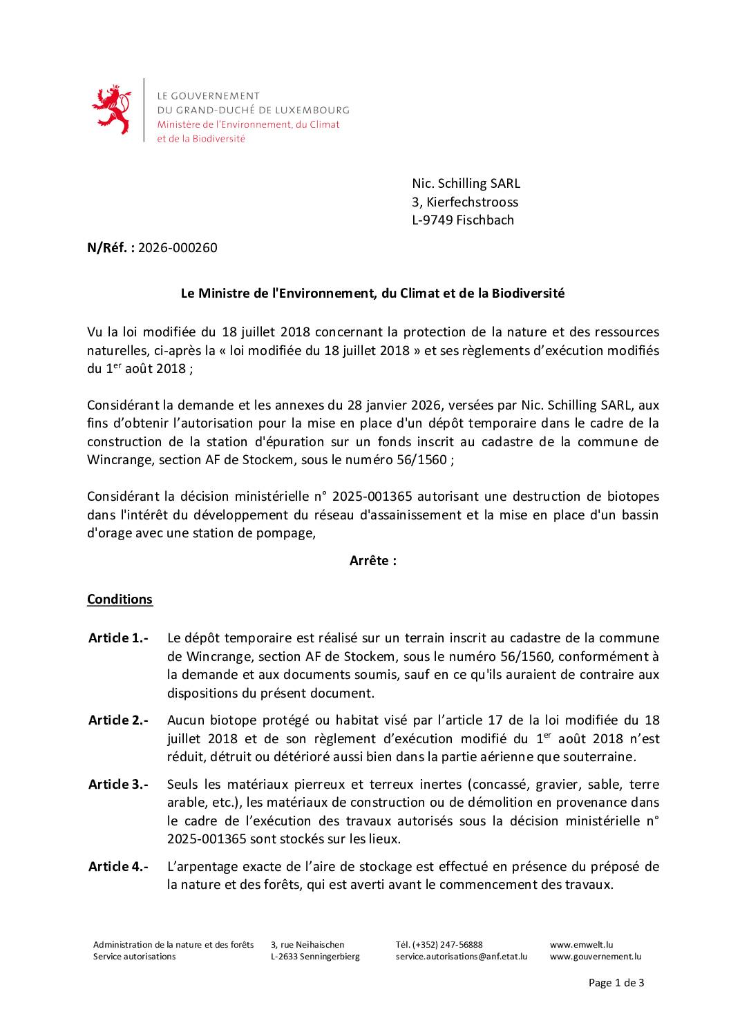 Autorisation: mise en place d’un dépôt temporaire dans le cadre de la construction de la station d’épuration à Stockem
