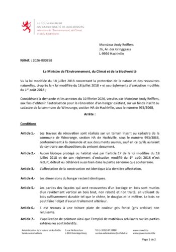 Autorisation: rénovation d'un hangar existant à Hachiville