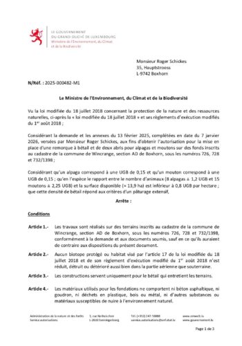 Autorisation: mise en place d'une remorque à bétail et deux abris pour alpagas et moutons à Boxhorn