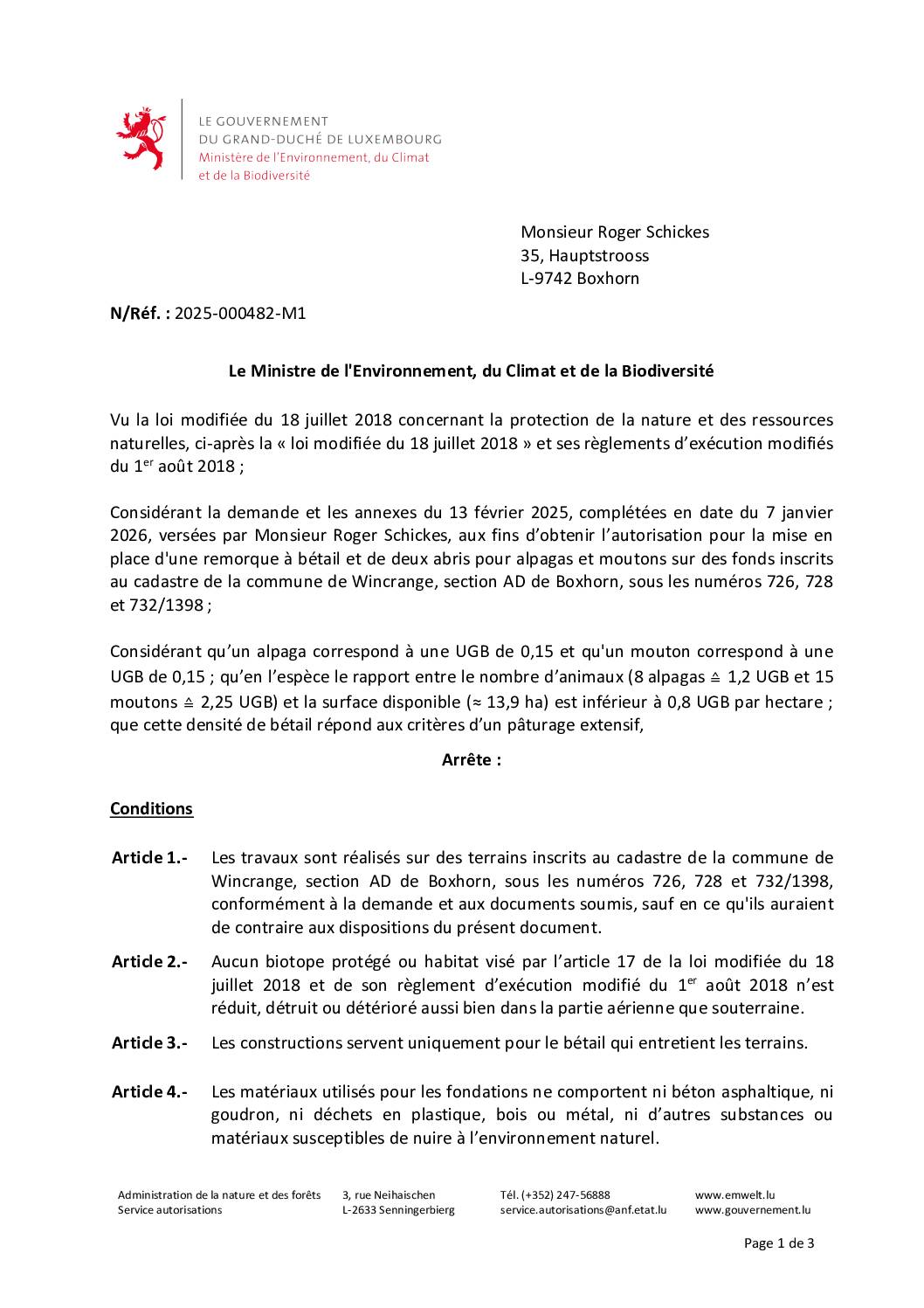 Autorisation: mise en place d’une remorque à bétail et deux abris pour alpagas et moutons à Boxhorn