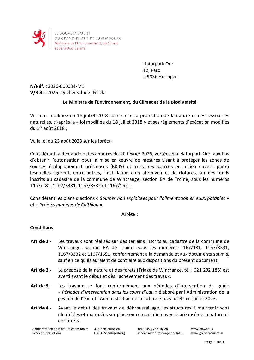 Autorisation: mise en oeuvre de mesures visant à protéger les zones de sources écologiquement précieuses à Troine