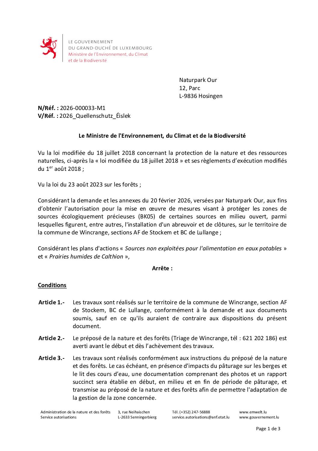 Autorisation: mise en oeuvre de mesures visant à protéger les zones de sources écologiquement précieuses à Stockem et Lullange