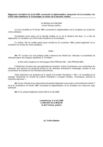 Règlement ministériel de circulation: sur la N12 entre Asselborn et Troisvierges, l'accès est interdit aux véhicules ou ensembles de véhicules ayant une longueur supérieure à 10m, à partir du 08 mai 2026