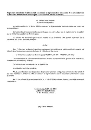Règlement ministériel de circulation: la N12 entre Asselborn et Troisvierges barrée à la circulation à partir du 1er juin 2026