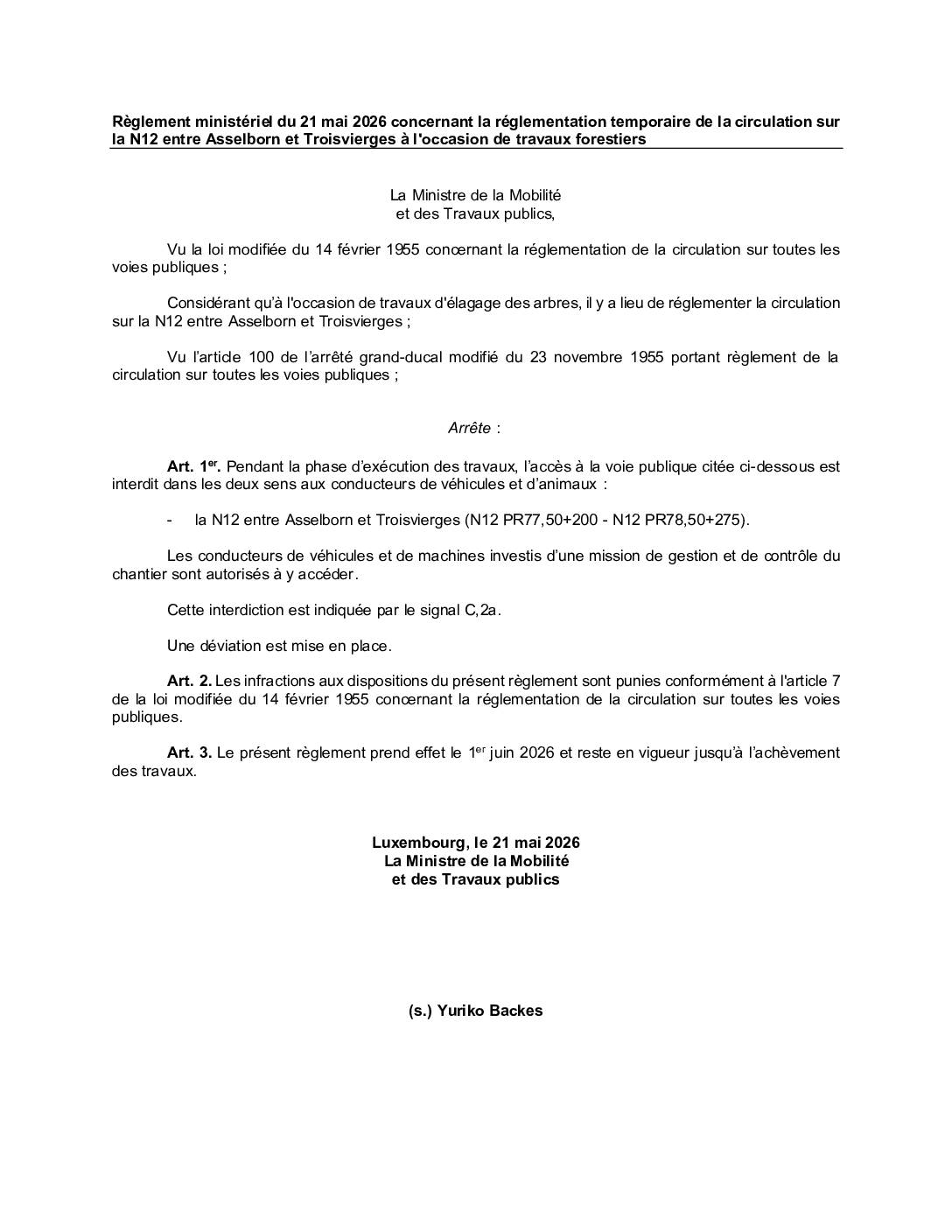 Règlement ministériel de circulation: la N12 entre Asselborn et Troisvierges barrée à la circulation à partir du 1er juin 2026