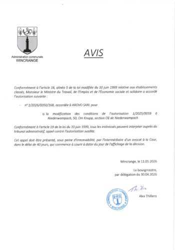 Avis: modification des conditions de l'autorisation 1/2025/0059