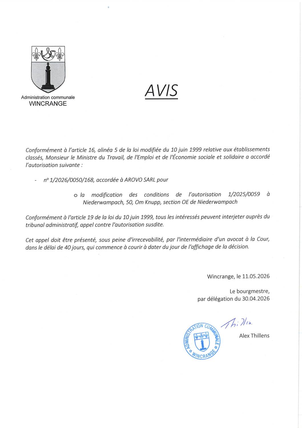 Avis: modification des conditions de l’autorisation 1/2025/0059