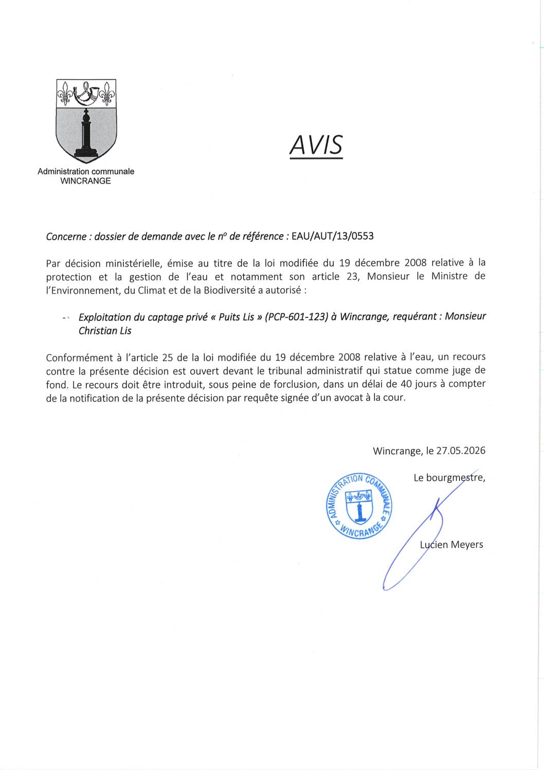 Avis: exploitation du captage privé “Puits Lis” à Wincrange