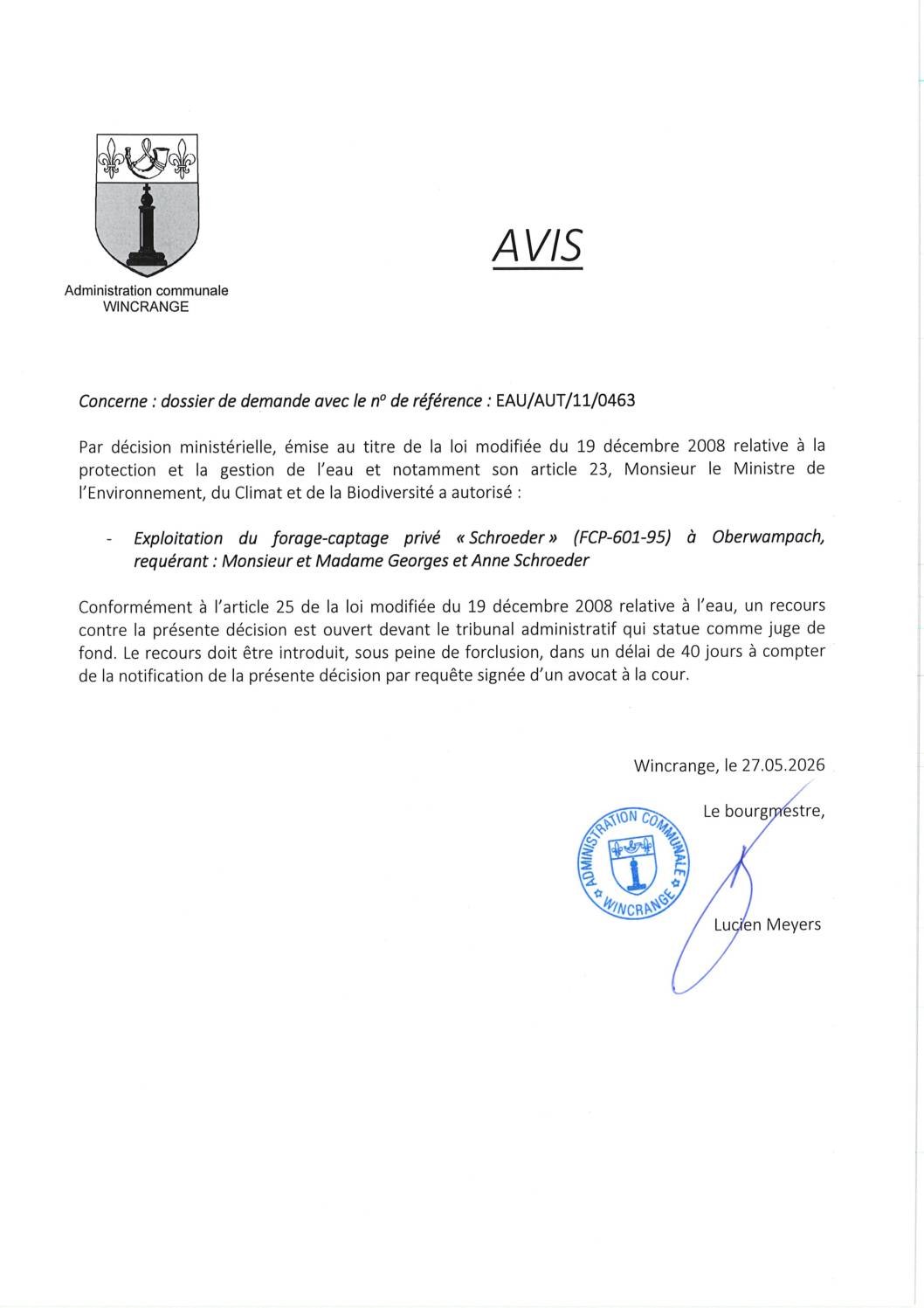 Avis: exploitation du forage-captage privé “Schroeder” à Oberwampach