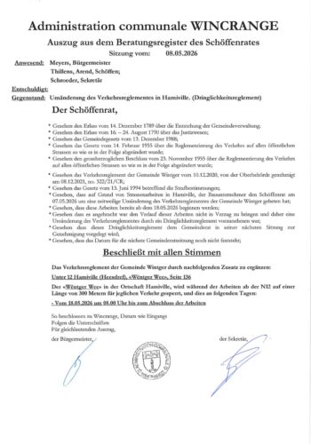 Règlement de circulation: la rue "Wëntger Wee" à Hamiville barrée à la circulation sur une distance de 300m, à partir du 18 mai 2026 jusqu'à finalisation des travaux