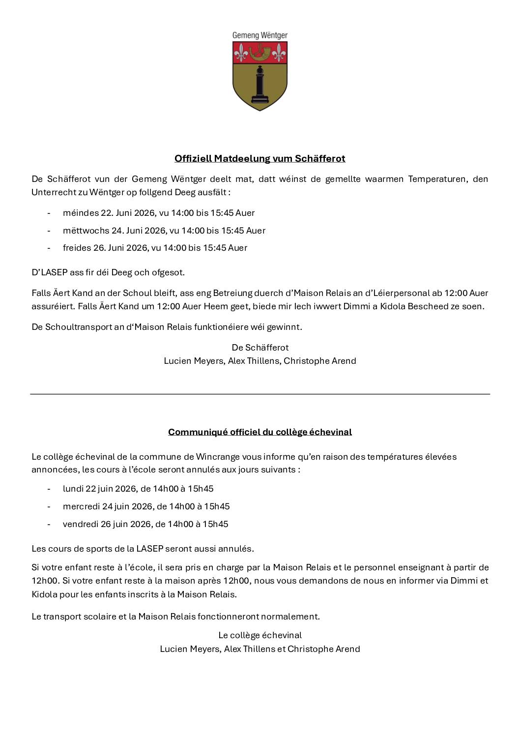 Communiqué officiel du collège échevinal
