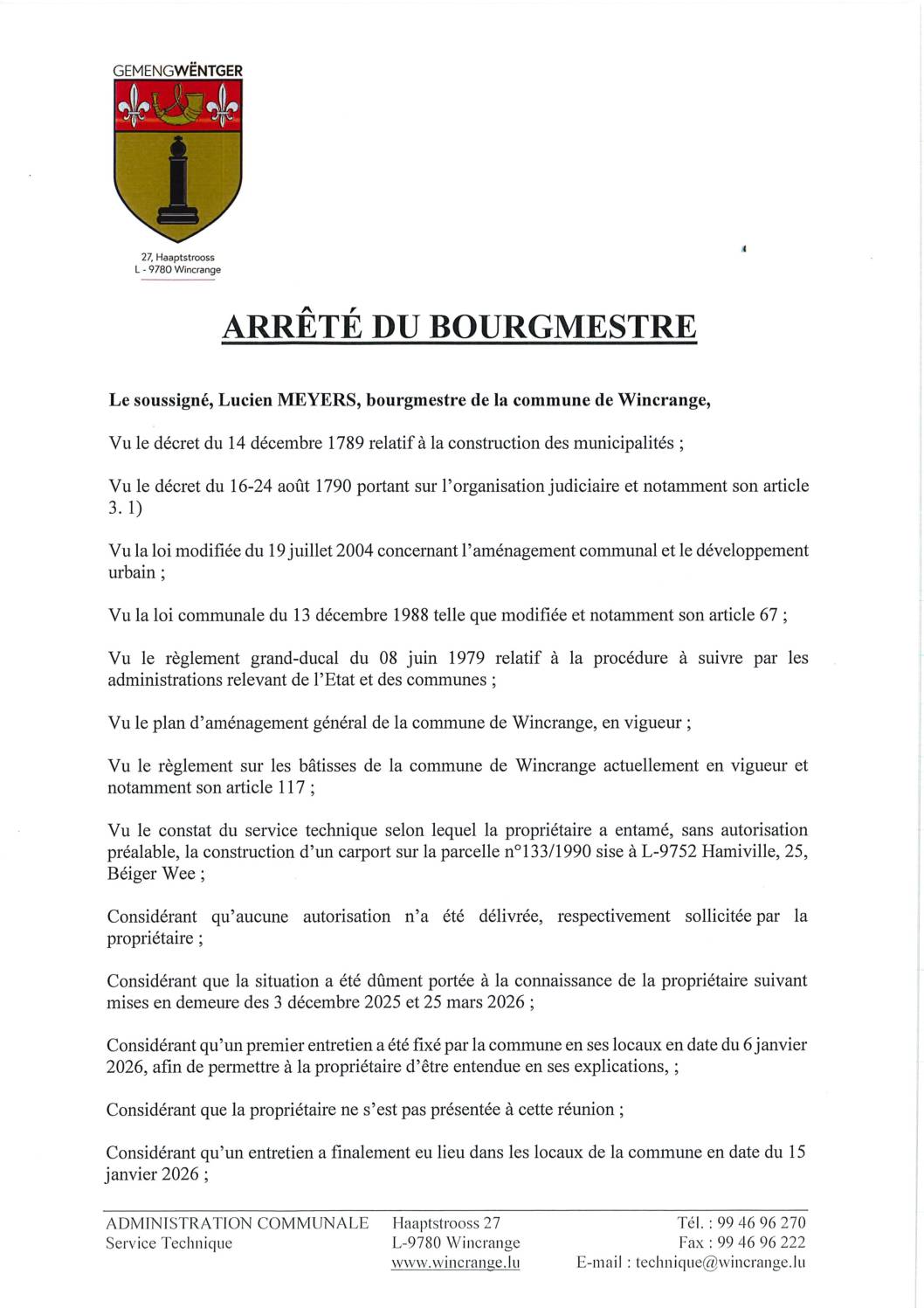 Arrêté du bourgmestre: fermeture de chantier