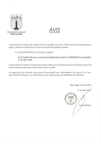 Avis: autorisation pour un poste de transformation à Lentzweiler