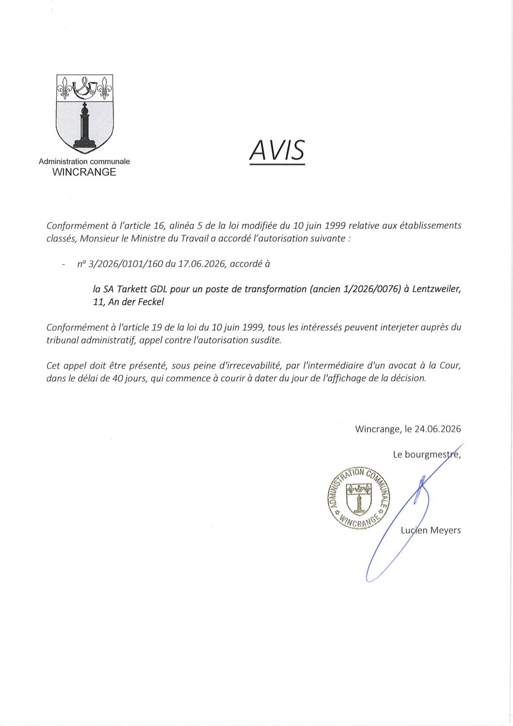 Avis: autorisation pour un poste de transformation à Lentzweiler