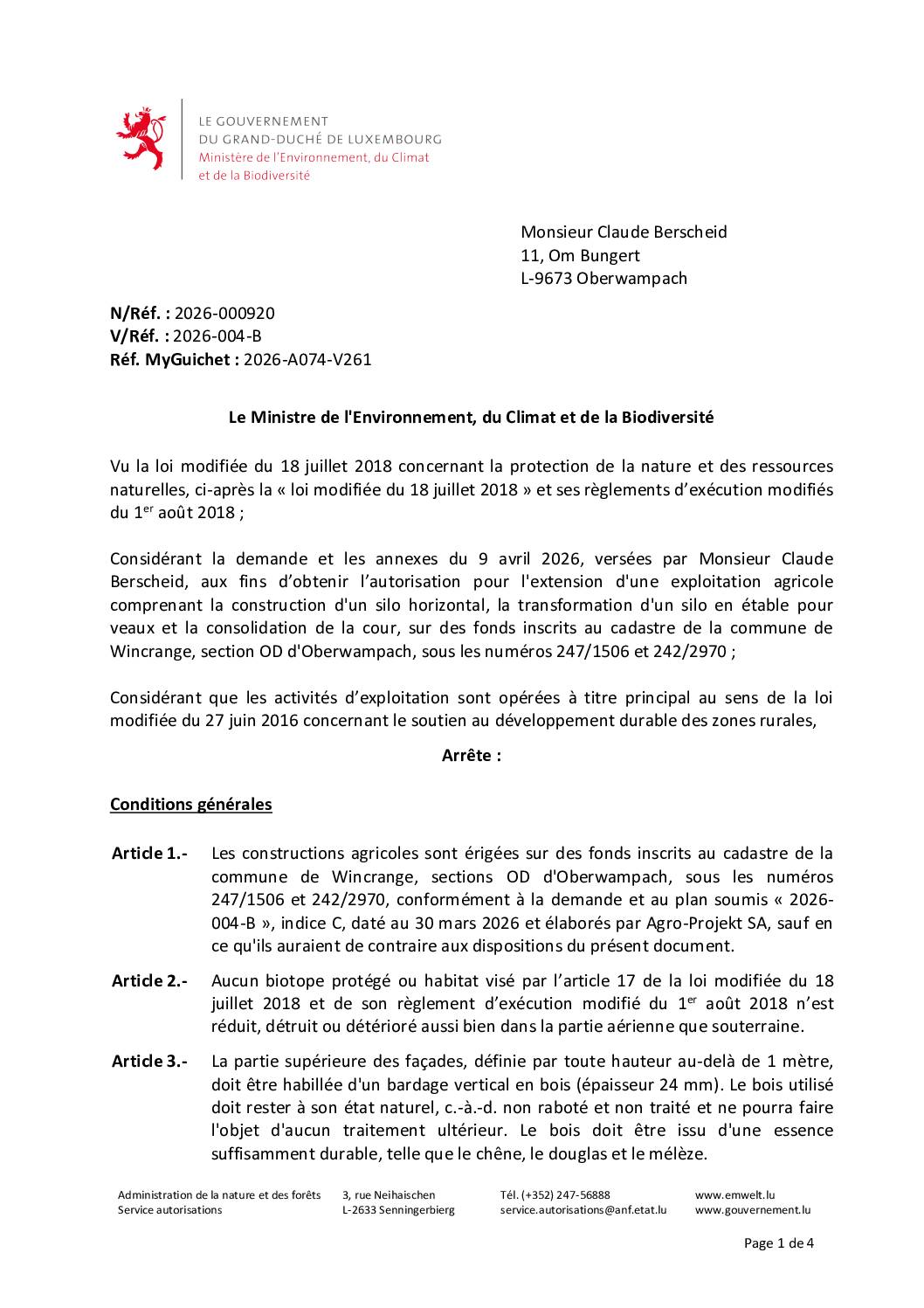 Autorisation: extension d’une exploitation agricole à Oberwampach