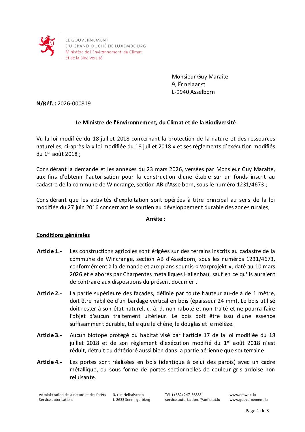 Autorisation: construction d’une étable à Asselborn