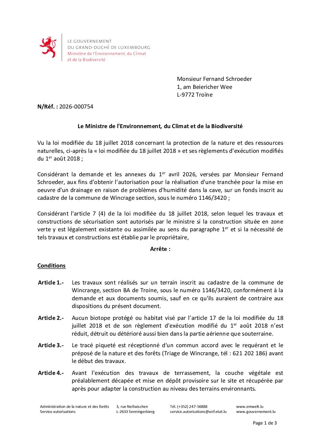 Autorisation: réalisation d’une tranchée pour la mise en oeuvre d’un drainage à Troine