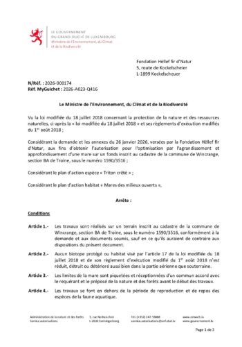 Autorisation: optimisation par agrandissement et approfondissement d'une mare à Troine