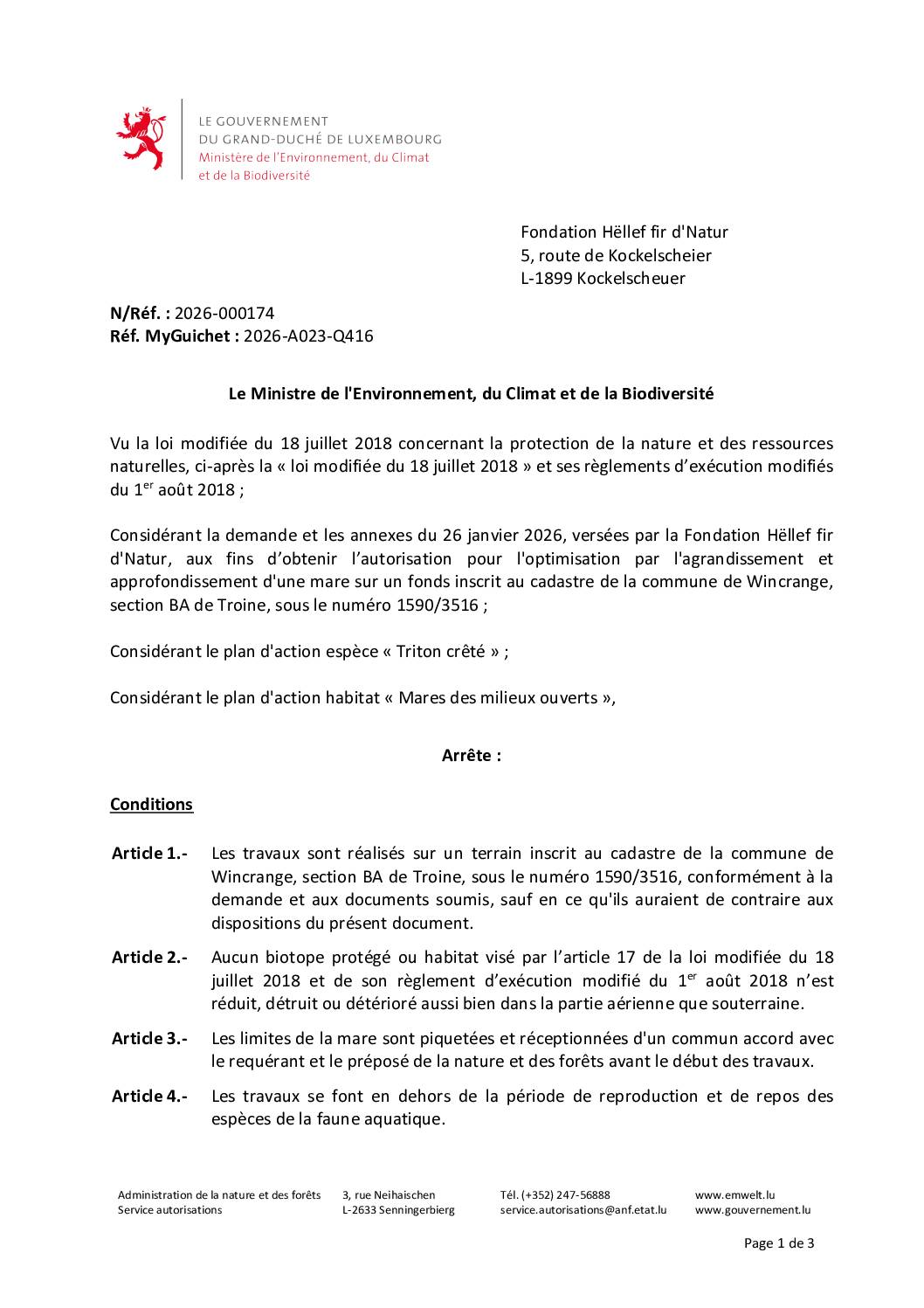 Autorisation: optimisation par agrandissement et approfondissement d’une mare à Troine