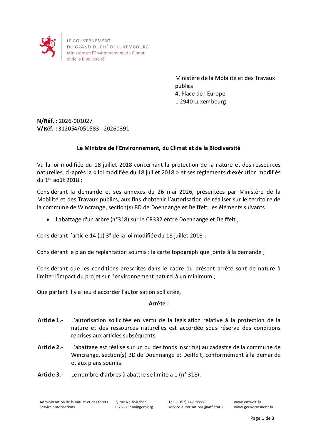 Autorisation: abattage d’un arbre entre Doennange et Deiffelt