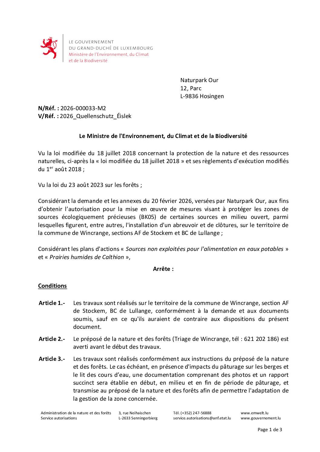 Autorisation: mise en oeuvre de mesures visant à protéger les zones de sources écologiquement précieuses