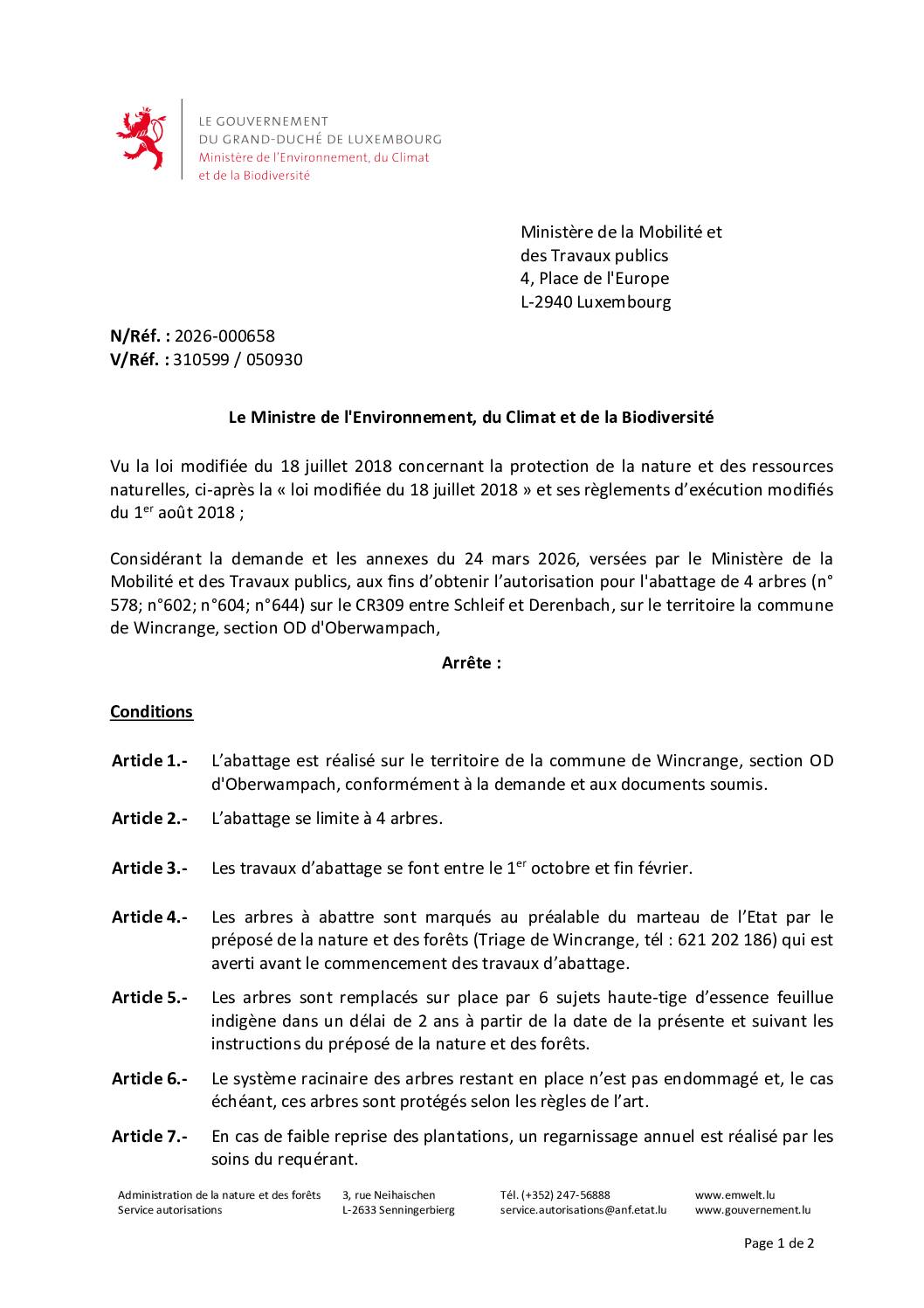 Autorisation: abattage de 4 arbres sur le CR309 entre Schleif et Derenbach