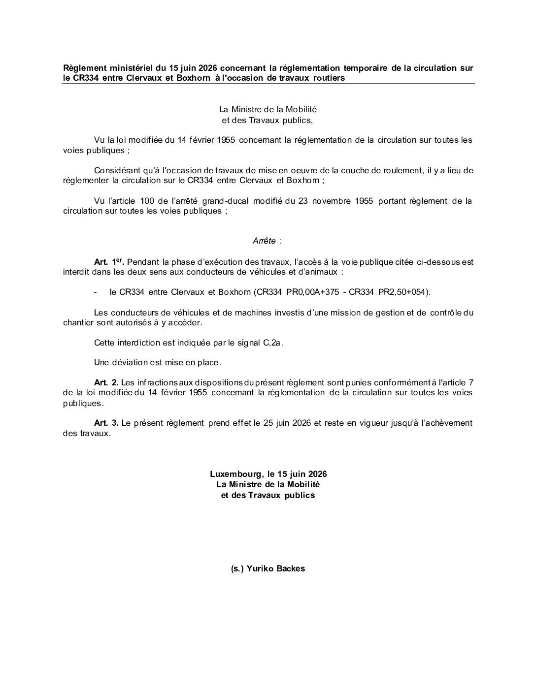 Règlement ministériel de circulation: la route CR334 entre Boxhorn et Clervaux barrée à la circulation du 25 au 29 juin 2026