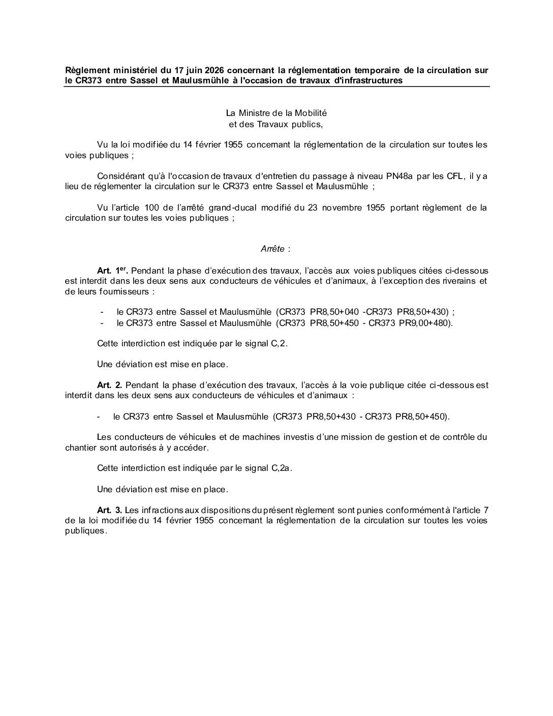 Règlement ministériel de circulation: le CR373 entre Sassel et Maulusmühle barré à la circulation entre le 4 et 6 juillet 2026