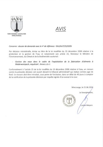 Avis: gestion des eaux dans le cadre de l'exploitation de la fabrication d'aliments à Niederwampach