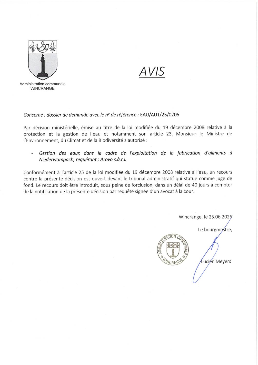 Avis: gestion des eaux dans le cadre de l&rsquo;exploitation de la fabrication d&rsquo;aliments à Niederwampach
