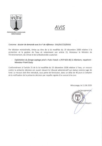 Avis: exploitation du forage-captage privé "Puits Franck" à Allerborn