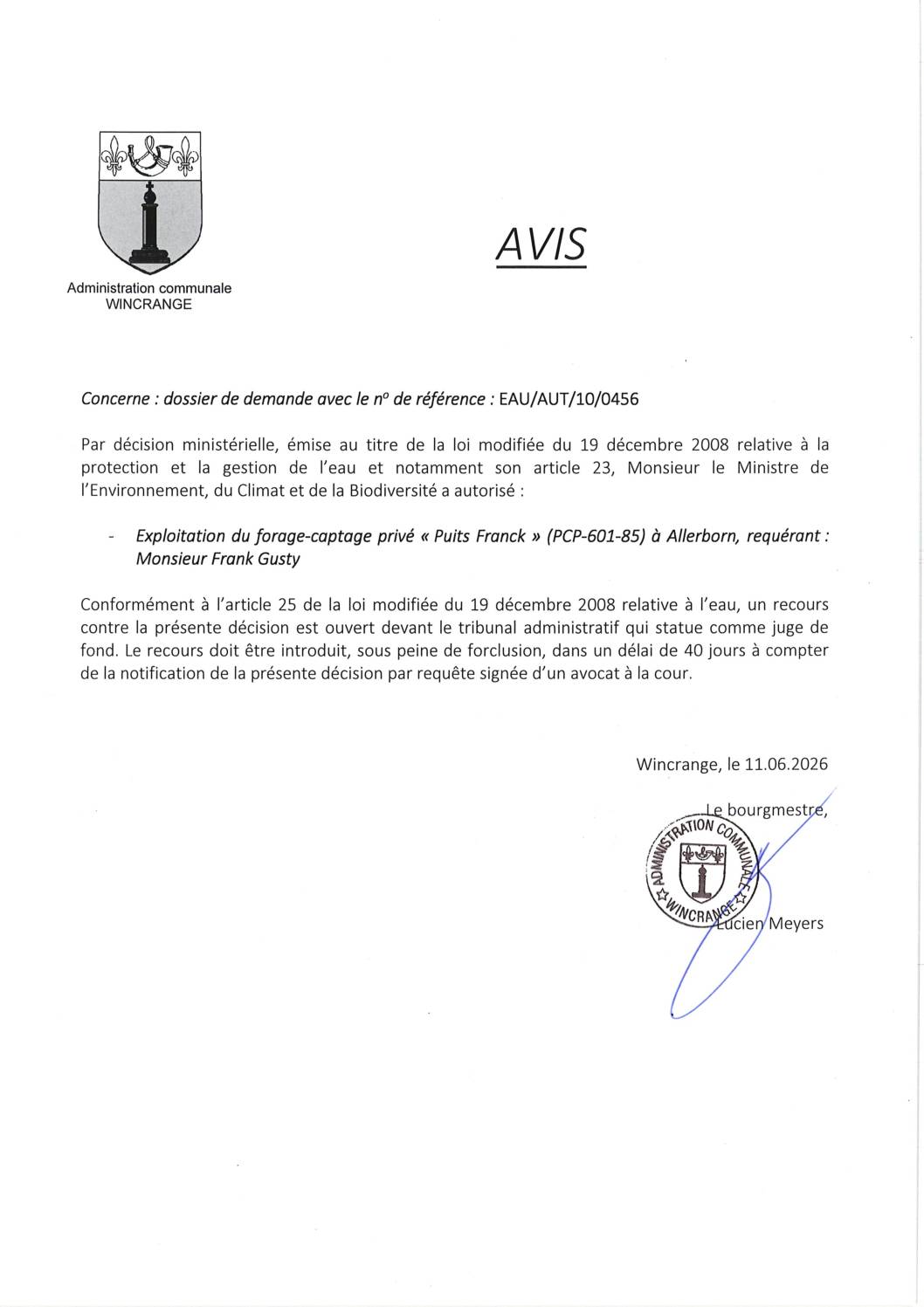 Avis: exploitation du forage-captage privé « Puits Franck » à Allerborn