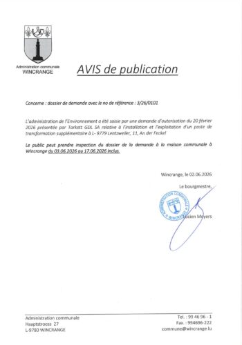 Avis de publication: installation et exploitation d'un poste de transformation supplémentaire à Lentzweiler