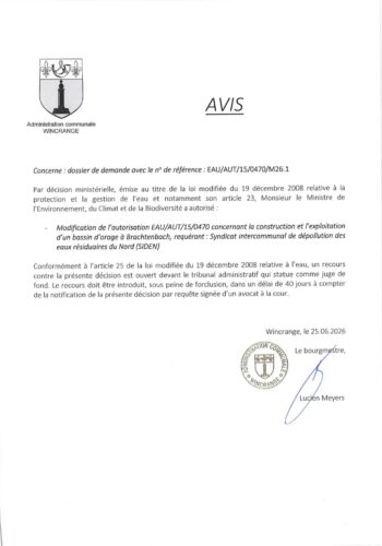 Avis: modification de l'autorisation EAU/AUT/15/0470 pour la construction et l'exploitation d'un bassin d'orage à Brachtenbach