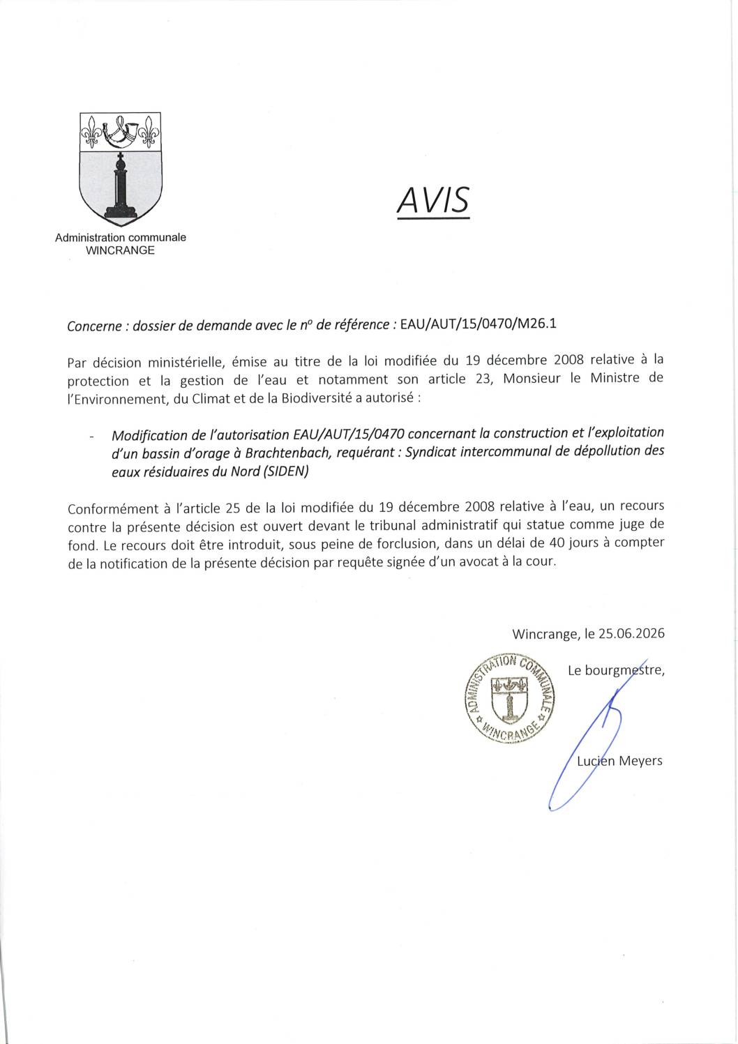 Avis: modification de l&rsquo;autorisation EAU/AUT/15/0470 pour la construction et l&rsquo;exploitation d&rsquo;un bassin d&rsquo;orage à Brachtenbach