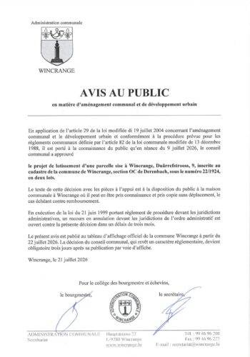 Avis au public: projet de lotissement d'une parcelle sise à Wincrange