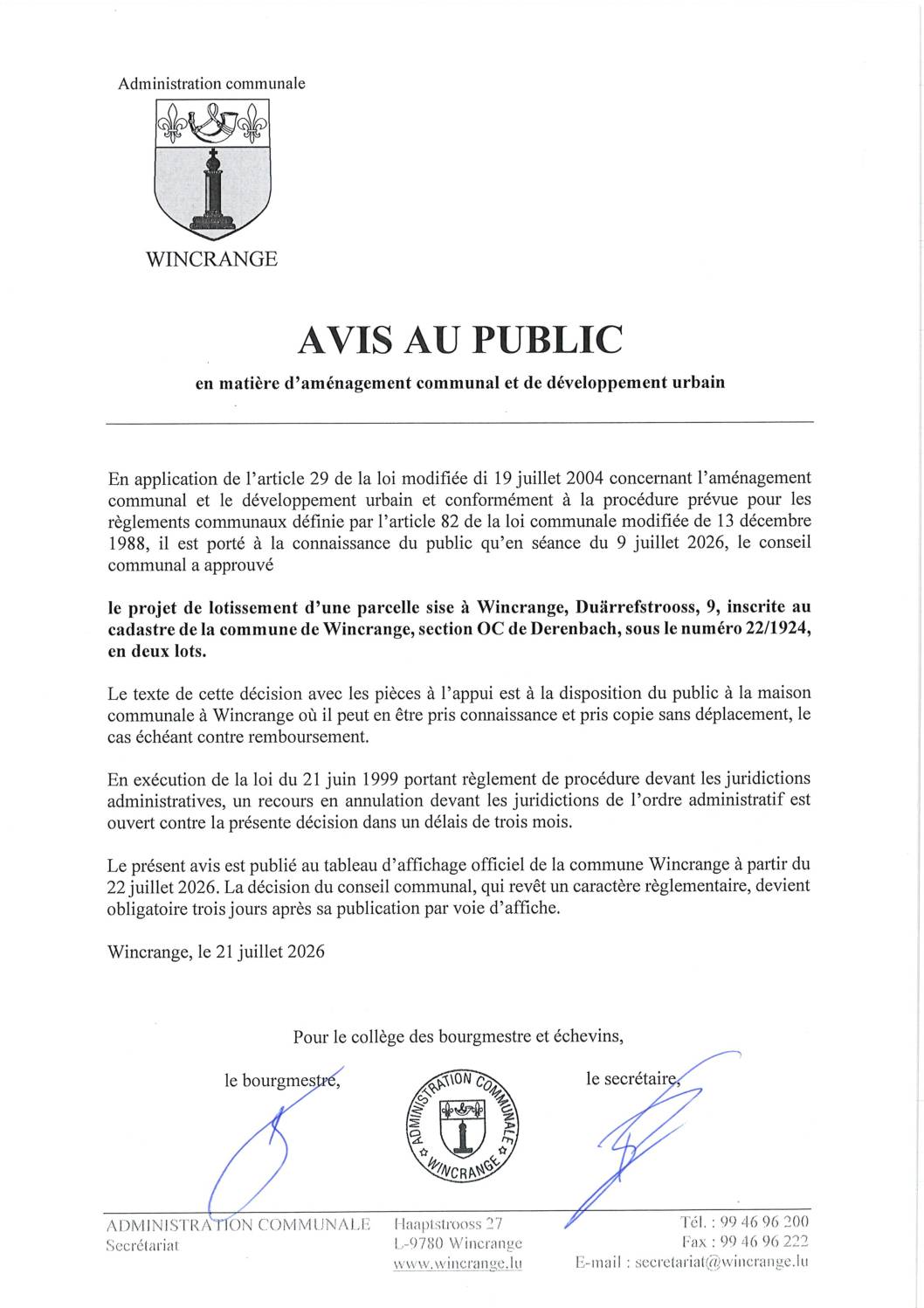 Avis au public: projet de lotissement d&rsquo;une parcelle sise à Wincrange