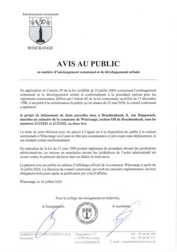 Avis au public: projet de lotissement de deux parcelles sises à Brachtenbach