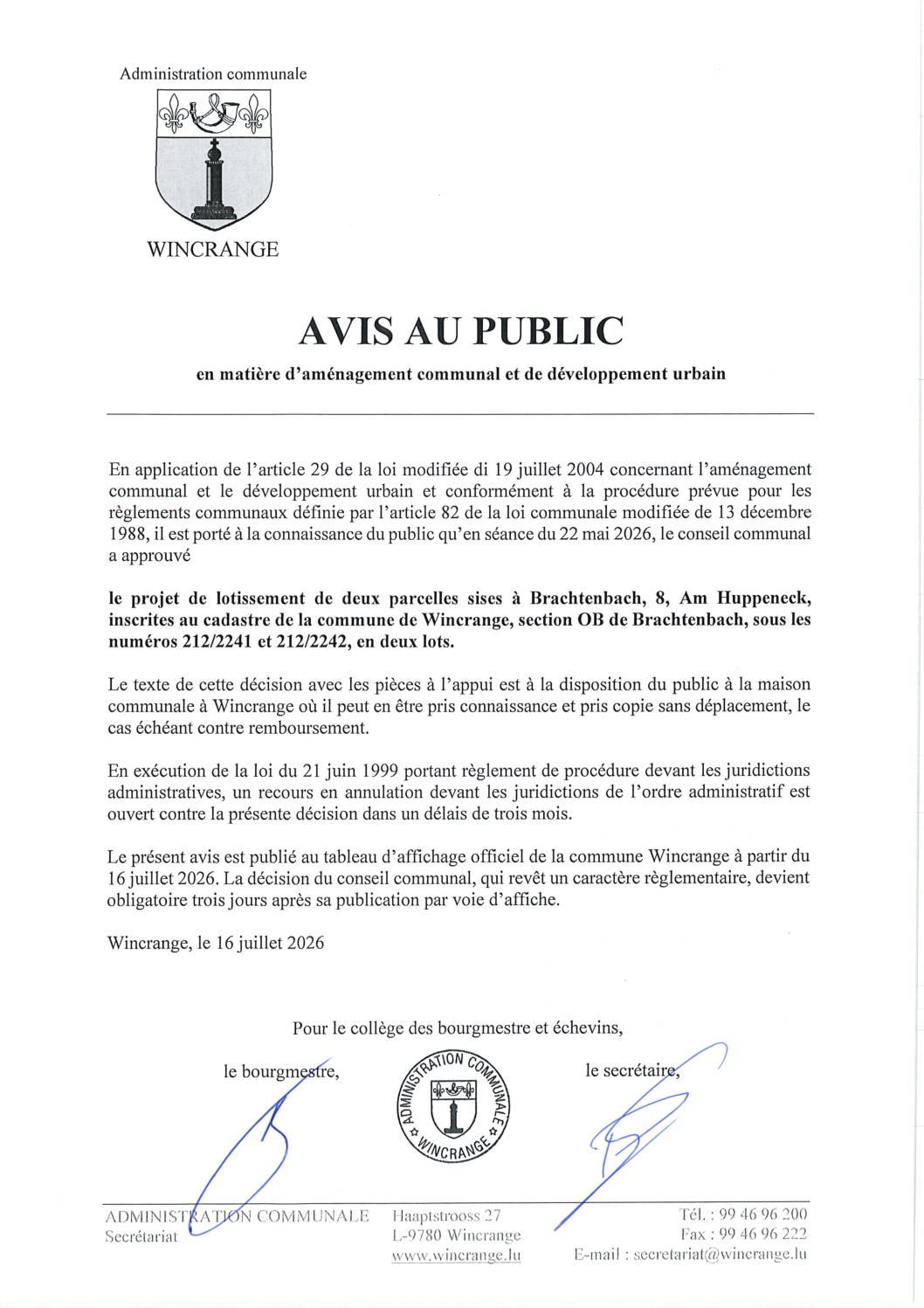 Avis au public: projet de lotissement de deux parcelles sises à Brachtenbach