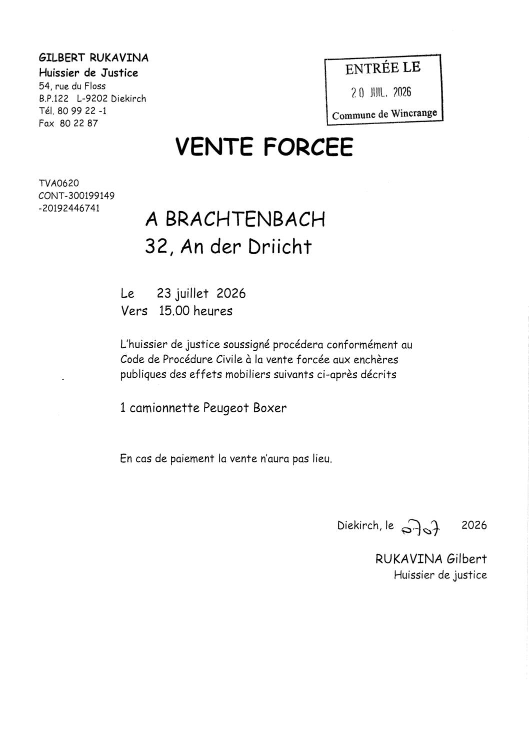 Vente forcée à Brachtenbach