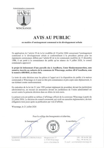 Avis au public: projet de lotissement d'une parcelle sise à Asselborn