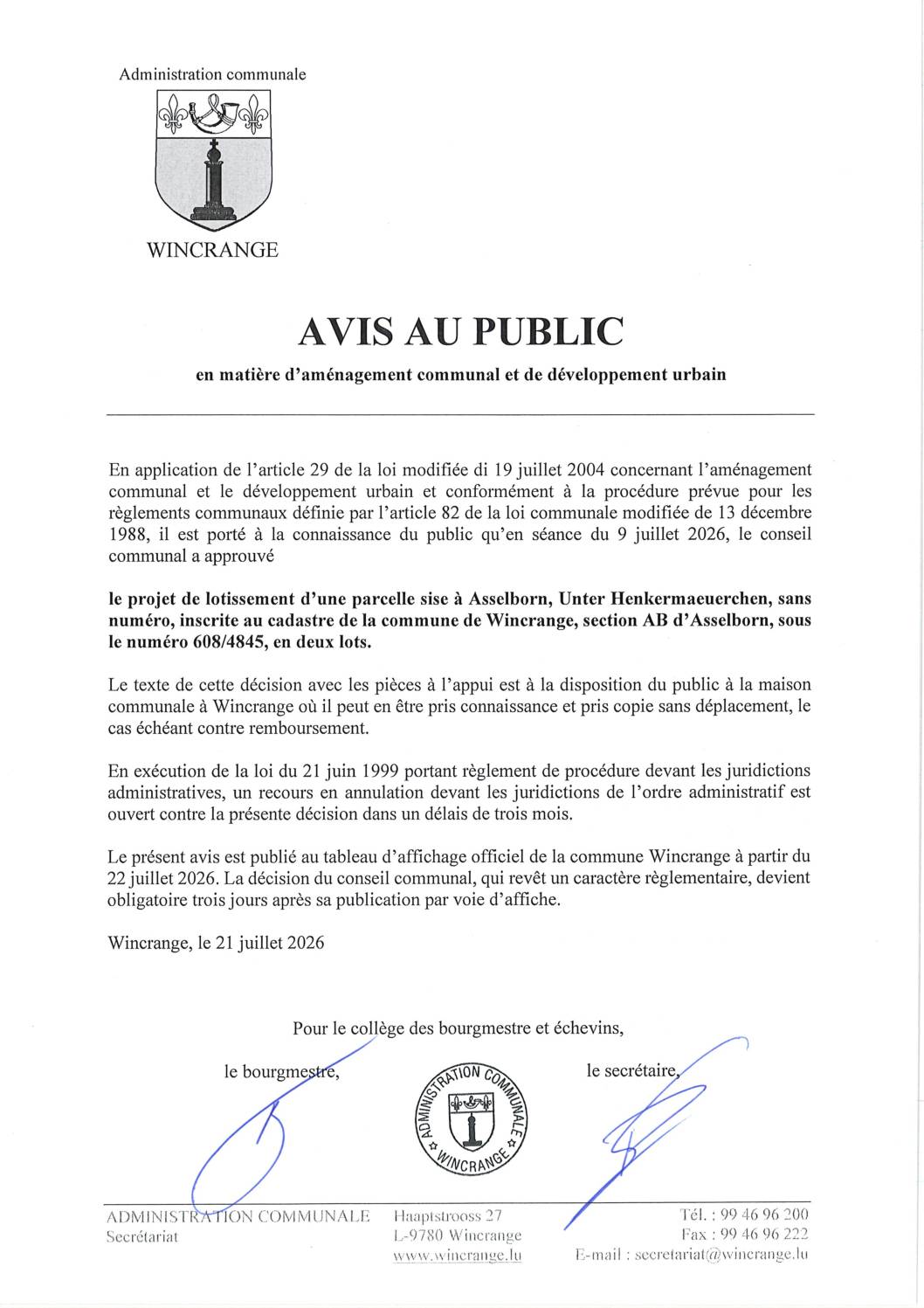 Avis au public: projet de lotissement d&rsquo;une parcelle sise à Asselborn